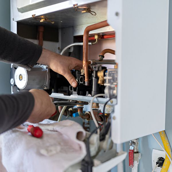 man in a hard hat working on a furnace